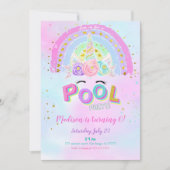 ウォーターカラーユニコーン&プール誕生日招待状 招待状 (正面)