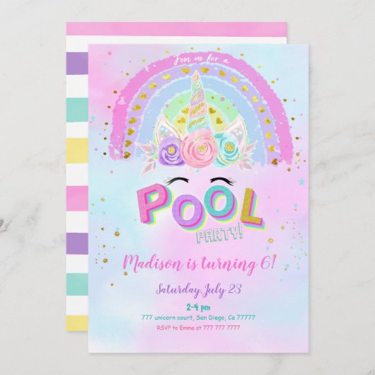 ウォーターカラーユニコーン&プール誕生日招待状 招待状 (正面/裏面)