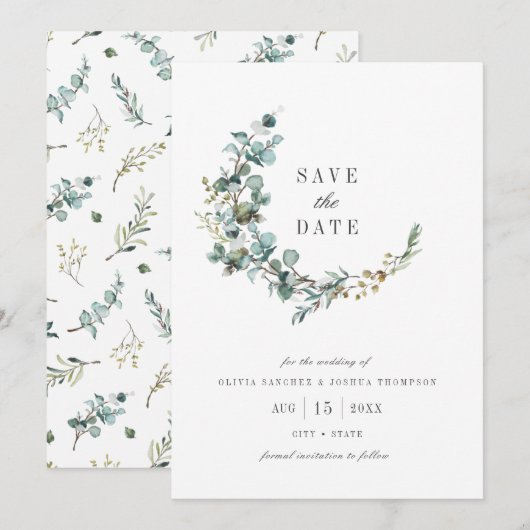 ウォーターカラーユーカリの植物の結婚式 セーブザデート (正面/裏面)