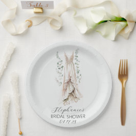 ウォーターカラーユーカリ&ホワイトドレスブライダルシャワー ペーパープレート