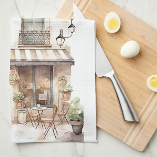 ウォーターカラーヨーロッパ通りカフェアート キッチンタオル (四つ折り)