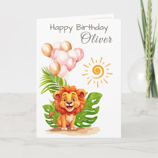 ウォーターカラーライオンの子供の誕生日カード 名前入り カード (正面)