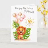 ウォーターカラーライオンの子供の誕生日カード 名前入り カード (黄色い花)
