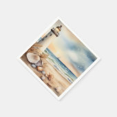 ウォーターカラーライトハウスとビーチ スタンダードカクテルナプキン (角)