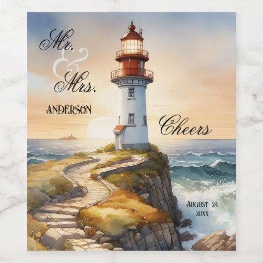 ウォーターカラーライトハウスエレガントな結婚式 ワインラベル (シングルラベル)