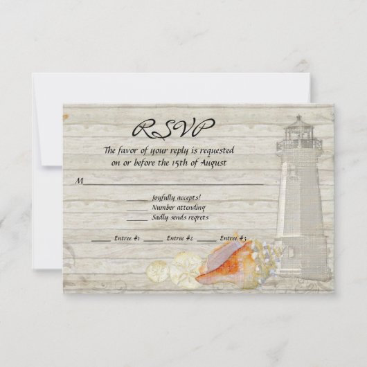 ウォーターカラーライトハウスシェルビーチコテージ 結婚ズ 出欠カード (正面)