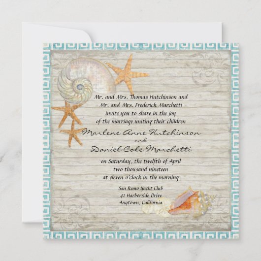 ウォーターカラーライトハウスシェルビーチコテージ 結婚ズ 招待状 (正面)