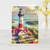 ウォーターカラーライトハウスハッピーバースデーグリーティング カード (黄色い花)