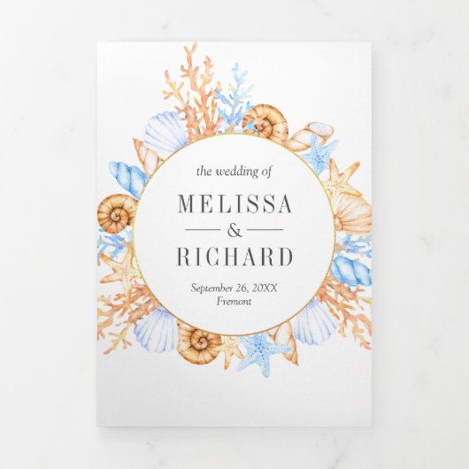 ウォーターカラーライトハウス航海のテーマ結婚ズ 三つ折り招待状 (カバー)