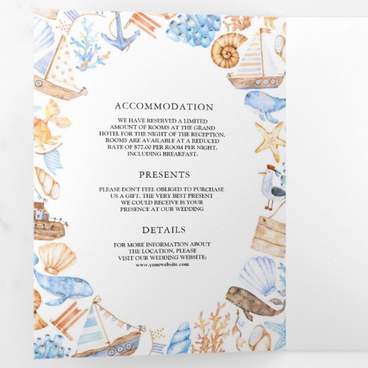 ウォーターカラーライトハウス航海のテーマ結婚ズ 三つ折り招待状 (内部最初)