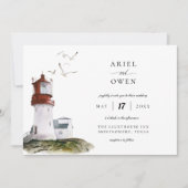 ウォーターカラーライトハウス航海のテーマ結婚ズ 招待状 (正面)