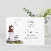 ウォーターカラーライトハウス航海のテーマ結婚ズ 招待状 (スタンド正面)