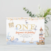 ウォーターカラーライトハウス航海のボーイ1st誕生日 招待状 (スタンド正面)