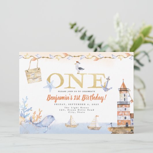 ウォーターカラーライトハウス航海のボーイ1st誕生日 招待状 (スタンド正面)