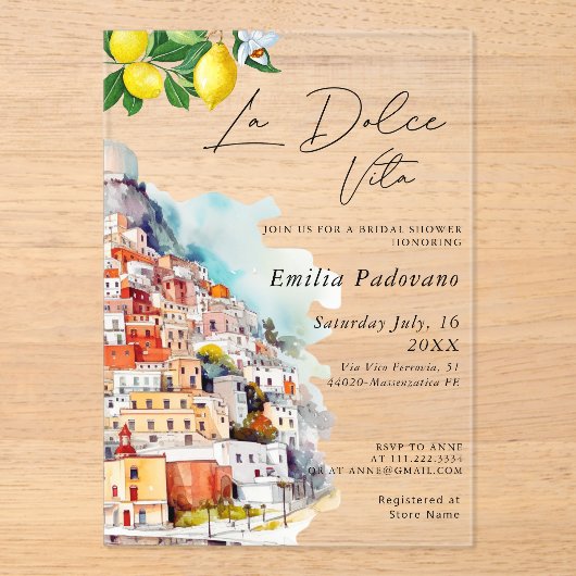 ウォーターカラーラドルチェヴィータイタリアンブライダルシャワー アクリル招待状 (正面)