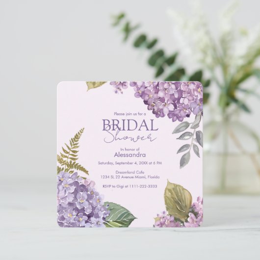 ウォーターカラーラベンダーアジサイ花ブライダルシャワー 招待状 (スタンド正面)