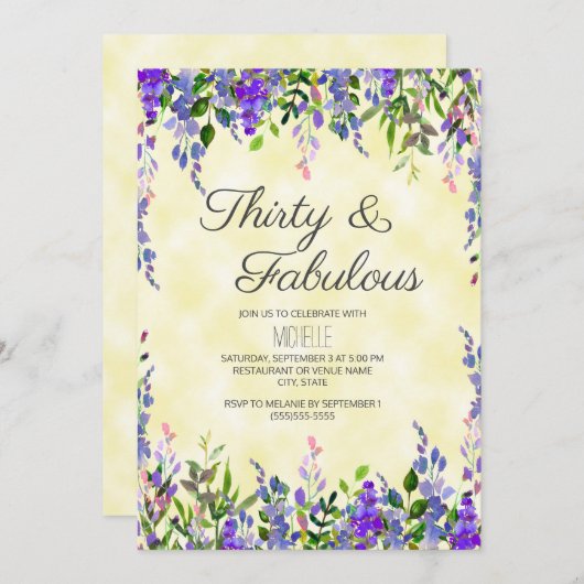 ウォーターカラーラベンダーイエロー30と素晴らしい誕生日 招待状 (正面/裏面)