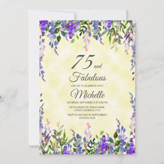 ウォーターカラーラベンダーイエロー75と素晴らしい誕生日 招待状 (正面)