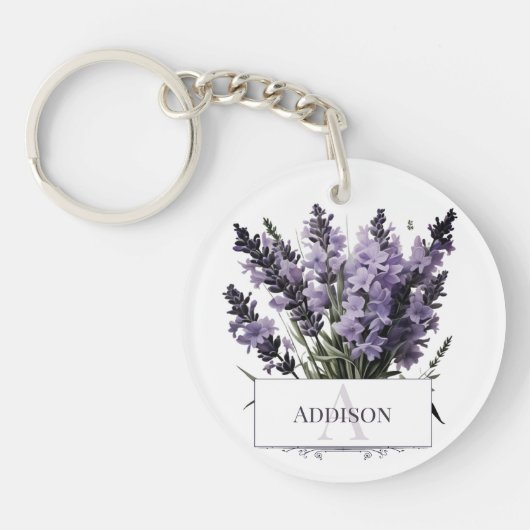 ウォーターカラーラベンダーブーケパーソナライズされた キーホルダー (正面)