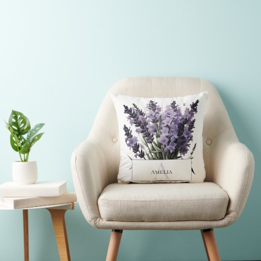 ウォーターカラーラベンダーブーケパーソナライズされた クッション (椅子)