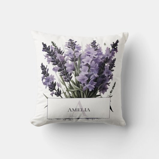 ウォーターカラーラベンダーブーケパーソナライズされた クッション (正面)