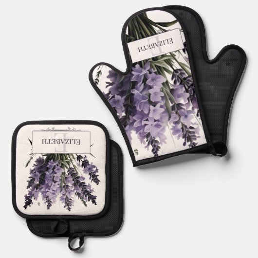 ウォーターカラーラベンダーブーケパーソナライズされた 鍋つかみ&鍋敷きセット (正面/裏面)