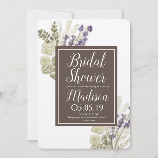 ウォーターカラーラベンダーブーケ素朴ブライダルシャワー 招待状 (正面)