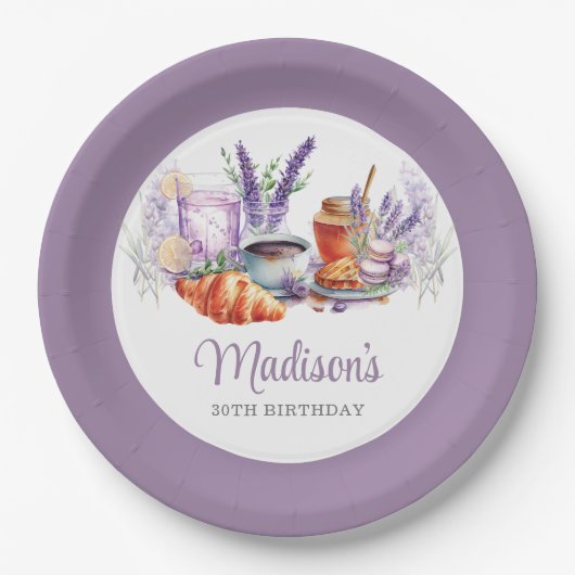 ウォーターカラーラベンダー誕生日ブランチカスタム ペーパープレート (正面)