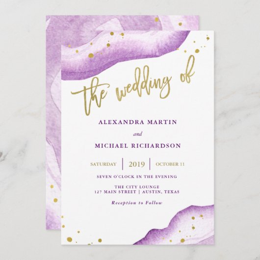 ウォーターカラーラベンダー金ゴールドゲード結婚式招待状 招待状 (正面/裏面)