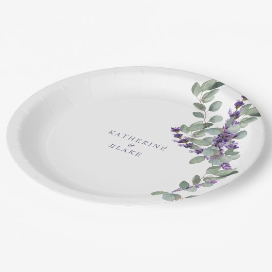 ウォーターカラーラベンダー&ユーカリ結婚の名前 ペーパープレート (アングル)