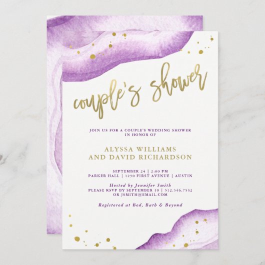 ウォーターカラーラベンダー&金ゴールドジオードカップルシャワー 招待状 (正面/裏面)