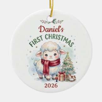 ウォーターカラーラムベイビーの最初のクリスマスカスタム セラミックオーナメント