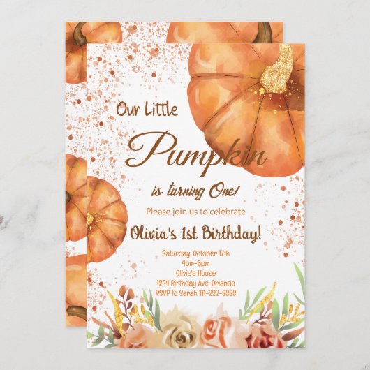 ウォーターカラーリトルカボプキンオータム誕生日招待状 招待状 (正面/裏面)