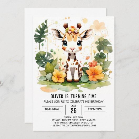 ウォーターカラーリトルキリンカスタム誕生日 招待状 (正面/裏面)