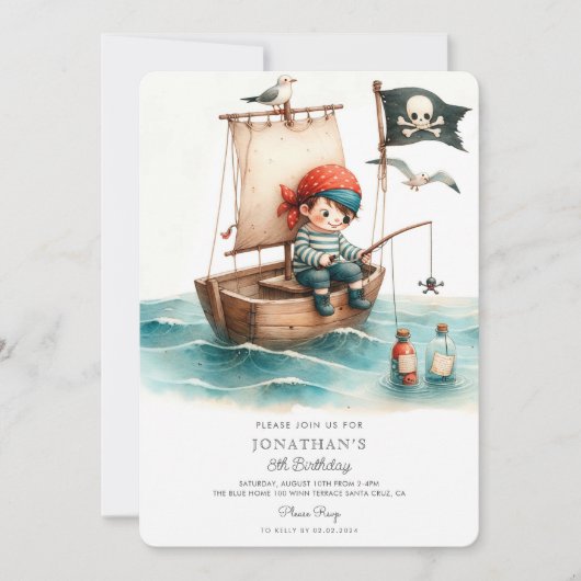 ウォーターカラーリトルパイレーツ誕生日 招待状 (正面)