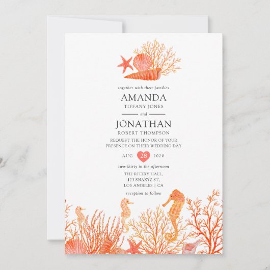 ウォーターカラーリビングサンゴビーチ結婚式 招待状 (正面)