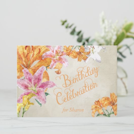 ウォーターカラーリリーズカスタム誕生日招待状 招待状 (スタンド正面)