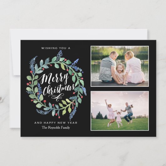 ウォーターカラーリースクリスマス2フォトホリデーカード シーズンカード (正面)