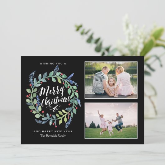 ウォーターカラーリースクリスマス2フォトホリデーカード シーズンカード (スタンド正面)