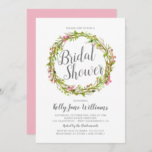 ウォーターカラーリースボホシックブライダルシャワー 招待状 (正面/裏面)