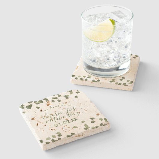 ウォーターカラーリーフグリーナリーオータム秋の結婚式 ストーンコースター (横)