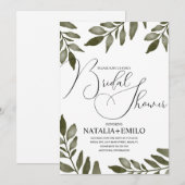 ウォーターカラーリーフブランチグリーンリーブライダルシャワー 招待状 (正面/裏面)