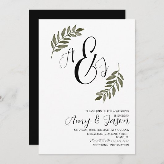 ウォーターカラーリーフブランチグリーンリー庭園の結婚式 招待状 (正面/裏面)