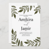 ウォーターカラーリーフブランチ緑シンプル園結婚の 招待状 (正面/裏面)