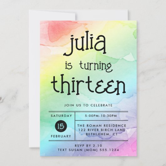 ウォーターカラーレインボーアニエージ誕生日 招待状 (正面)