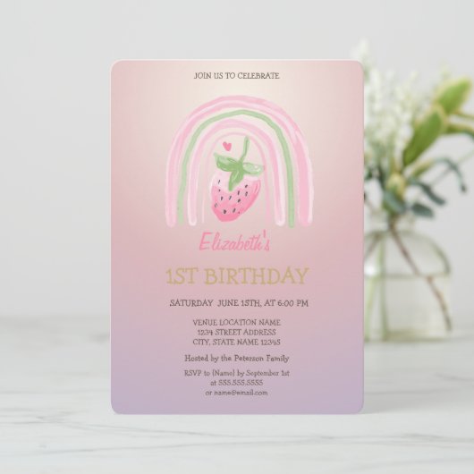 ウォーターカラーレインボーイチゴグリッター誕生日 招待状 (スタンド正面)
