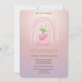 ウォーターカラーレインボーイチゴグリッター誕生日 招待状 (正面)