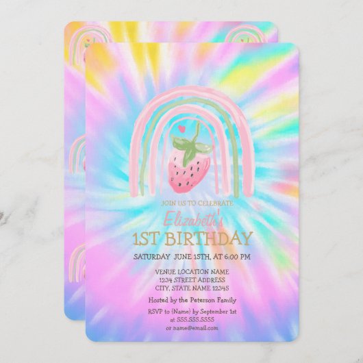 ウォーターカラーレインボーイチゴ絞り染め誕生日 招待状 (正面/裏面)