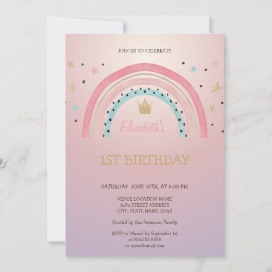 ウォーターカラーレインボークラウングリッター誕生日 招待状 (正面)