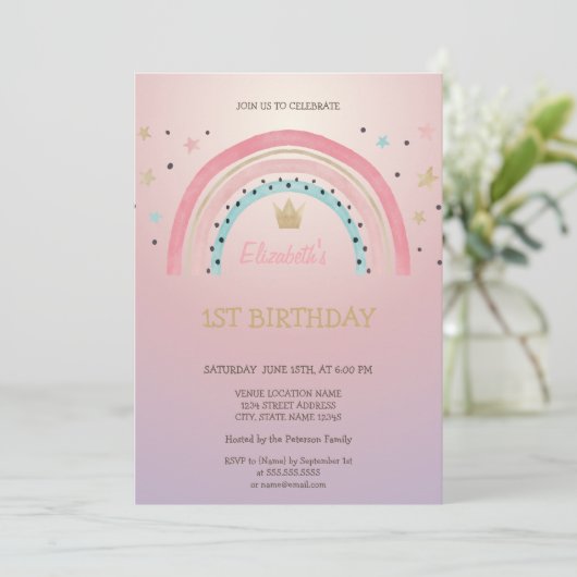 ウォーターカラーレインボークラウングリッター誕生日 招待状 (スタンド正面)